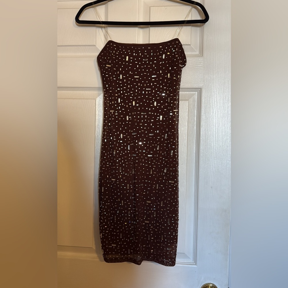 Windsor Brown strapless Dress with rhinestones.